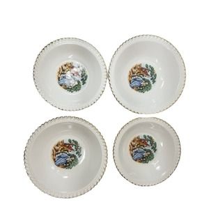 THE HARKER POTTERY CO Colonial Couple decaled Gadroon 22 KT GOLD  4 Bowls